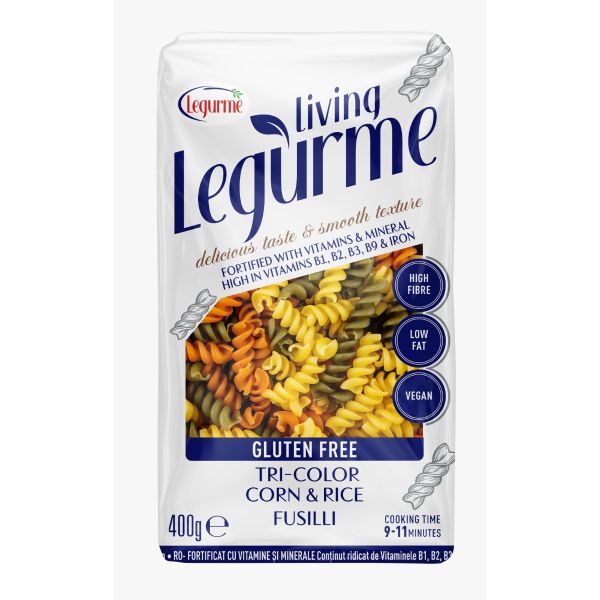 Legurme Vegetable Three Colour Corn & Rice Gluten Free Vegan Fusilli Pasta 400 gr